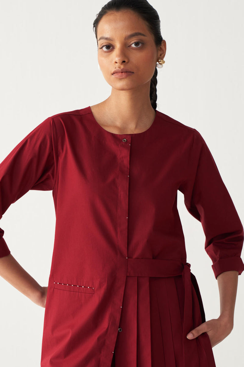 FRONT PLEAT TUNIC-MADDER RED poplin by THREE in red color for women Worldwide