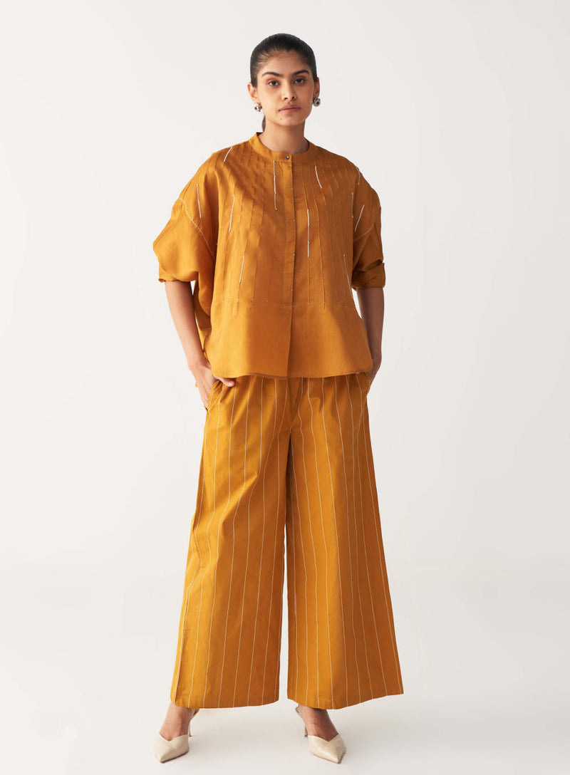 PINTUCK BAT SLEEVE TOP-MUSTARD chanderi by THREE in mustard color for women Worldwide