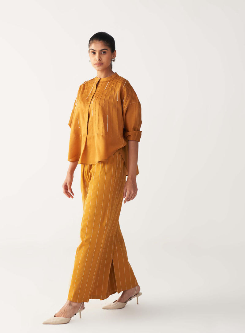 PINTUCK BAT SLEEVE TOP CO-ORD-MUSTARD chanderi by THREE in mustard color for women Worldwide