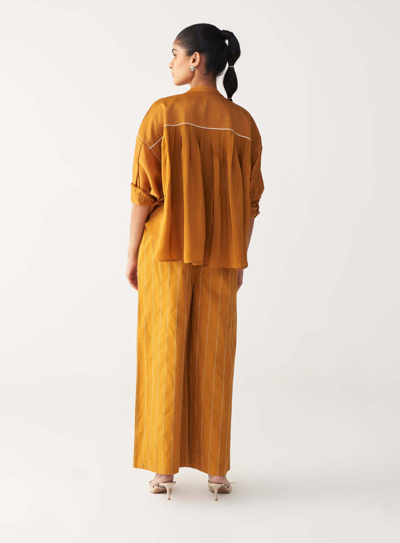 PINTUCK BAT SLEEVE TOP CO-ORD-MUSTARD chanderi by THREE in mustard color for women Worldwide