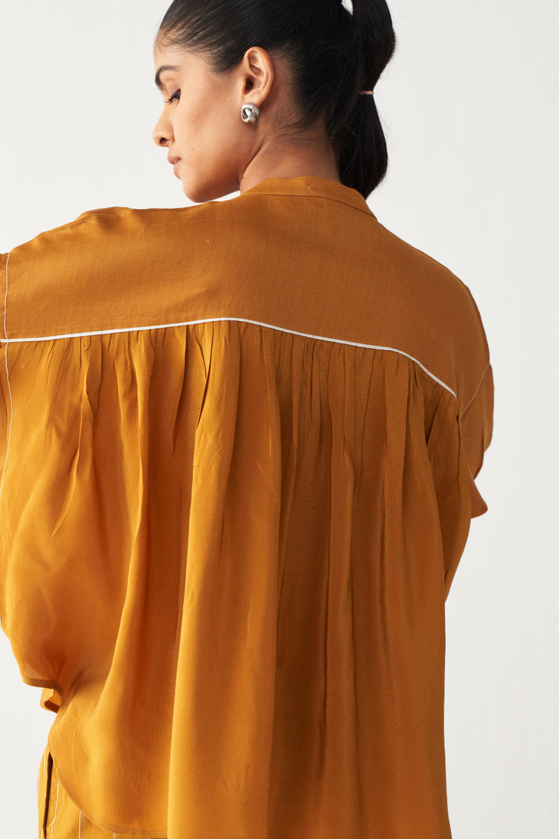 PINTUCK BAT SLEEVE TOP CO-ORD-MUSTARD chanderi by THREE in mustard color for women Worldwide