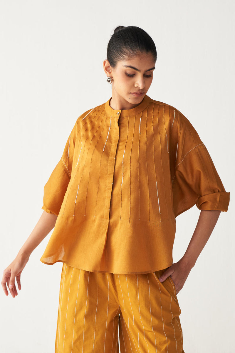 PINTUCK BAT SLEEVE TOP-MUSTARD chanderi by THREE in mustard color for women Worldwide