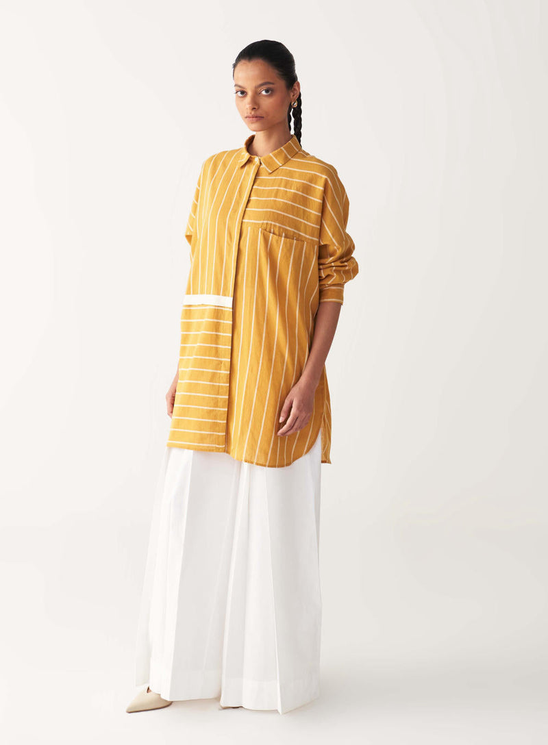 DRAWSTRING SHIRT CO-ORD-MUSTARD STRIPES cotton by THREE in mustard color for women Worldwide