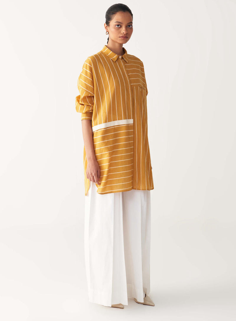 DRAWSTRING SHIRT CO-ORD-MUSTARD STRIPES cotton by THREE in mustard color for women Worldwide