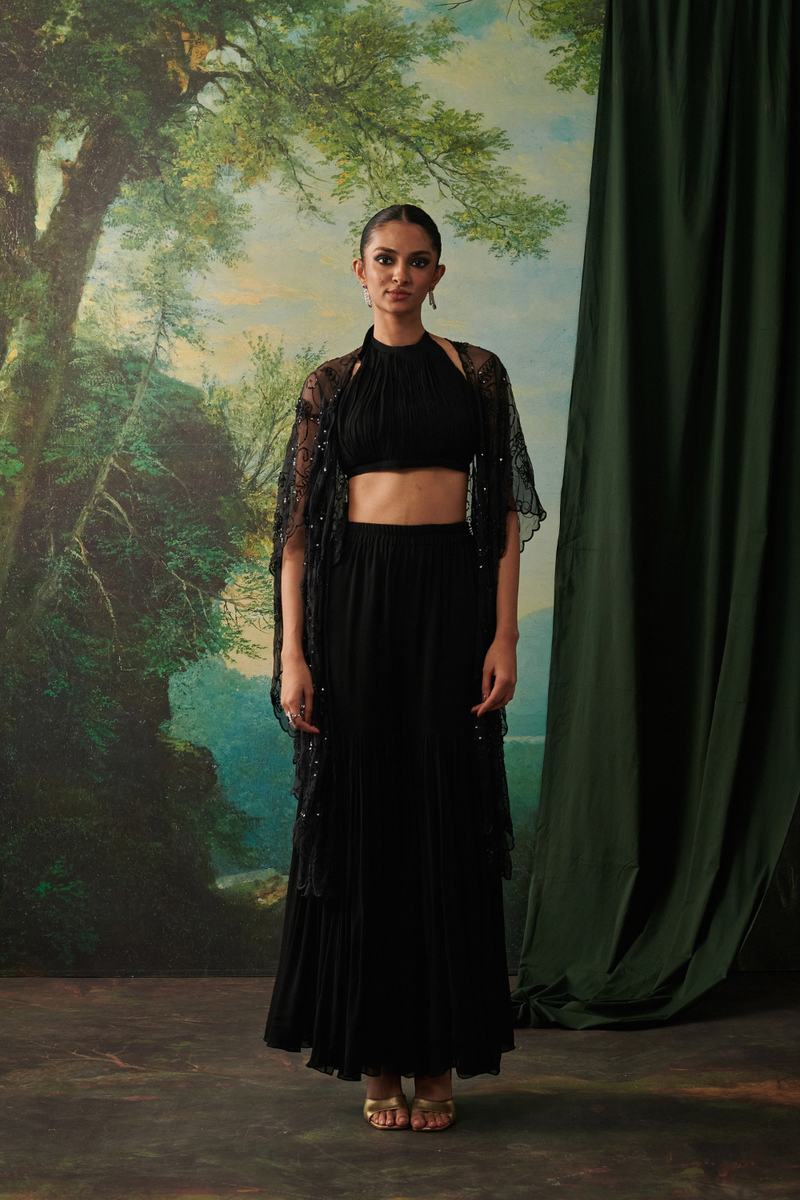 SAADGI, ARZOO & NAAZ CO-ORD SET chiffon by Rashika Mittal in black color for women Worldwide