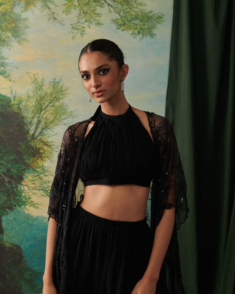 SAADGI, ARZOO & NAAZ CO-ORD SET chiffon by Rashika Mittal in black color for women Worldwide