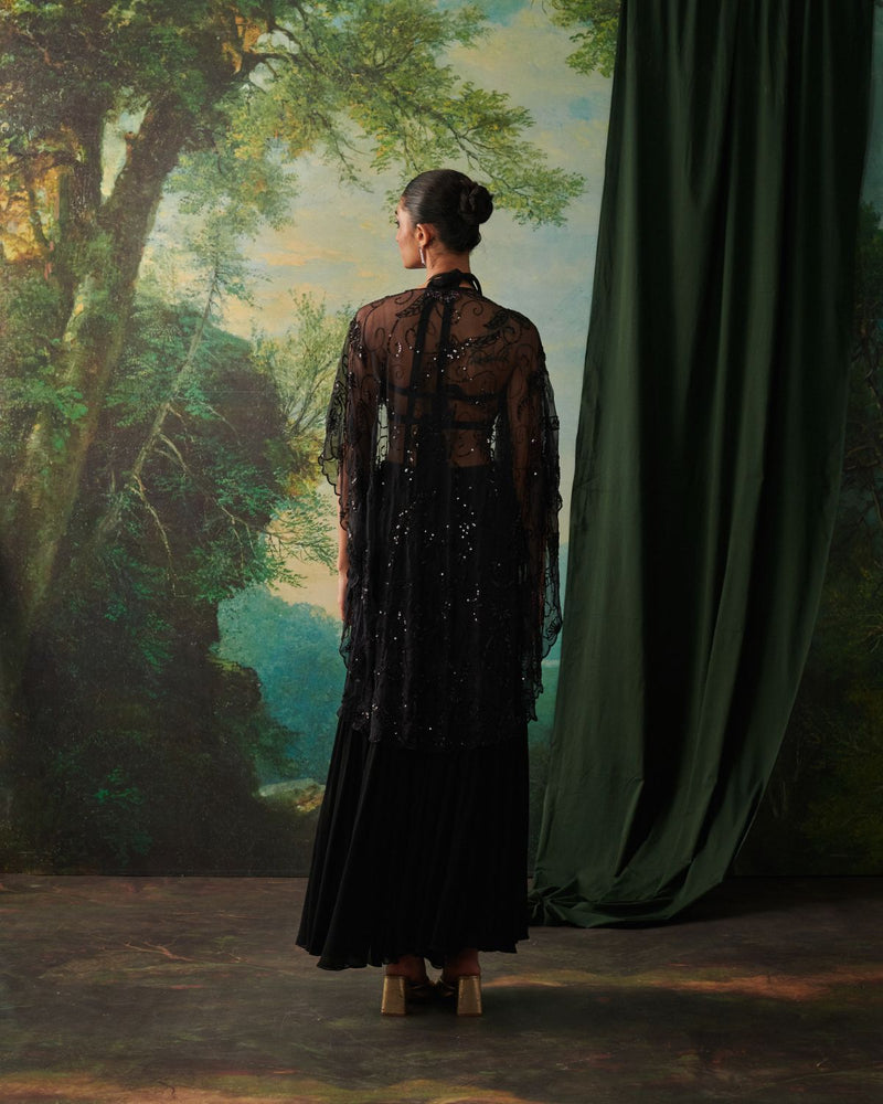 SAADGI, ARZOO & NAAZ CO-ORD SET chiffon by Rashika Mittal in black color for women Worldwide