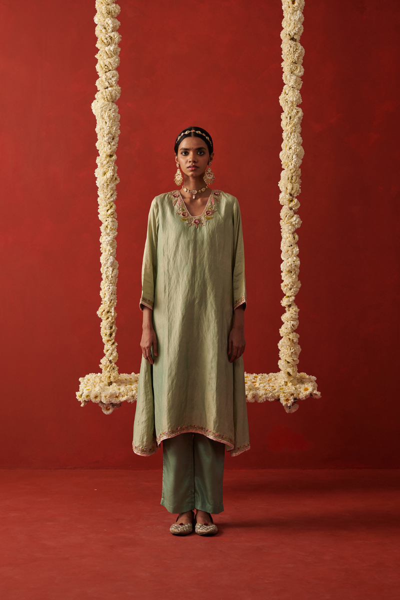 SAAVAN & NIMRAH KURTA & PANT silk by Rashika Mittal in green color for women Worldwide
