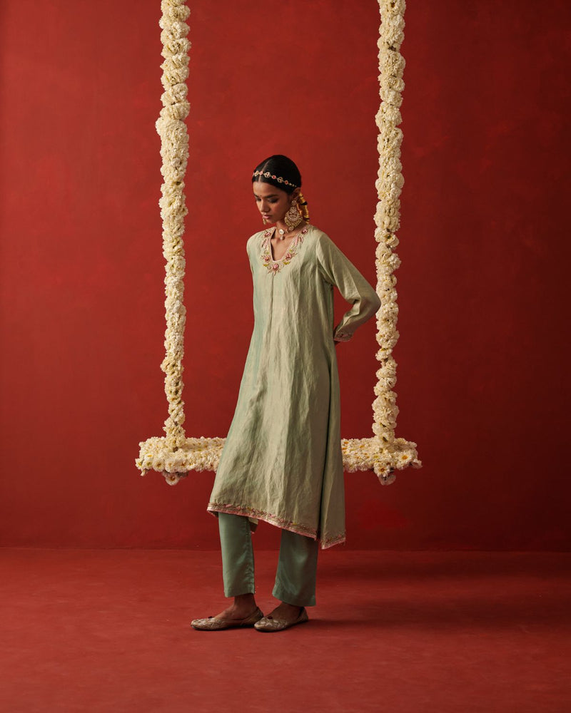 SAAVAN & NIMRAH KURTA & PANT silk by Rashika Mittal in green color for women Worldwide