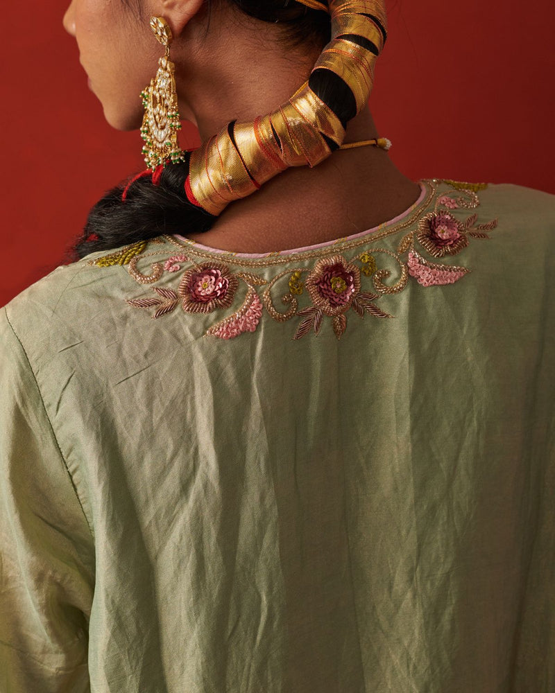 SAAVAN & NIMRAH KURTA & PANT silk by Rashika Mittal in green color for women Worldwide