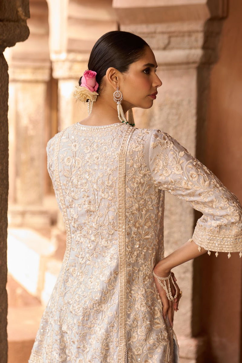 SABOOR - BLUE SHORT A-LINE KURTA WITH STRAIGHT PANTS AND DUPATTA silk organza kurta/kurta set by SHEETAL BATRA in blue for women Worldwide