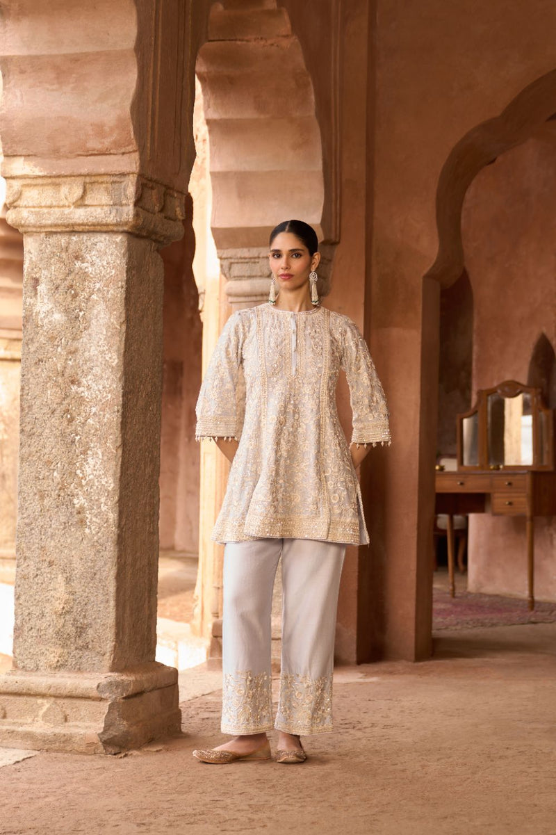 SABOOR - BLUE SHORT A-LINE KURTA WITH STRAIGHT PANTS AND DUPATTA silk organza kurta/kurta set by SHEETAL BATRA in blue for women Worldwide