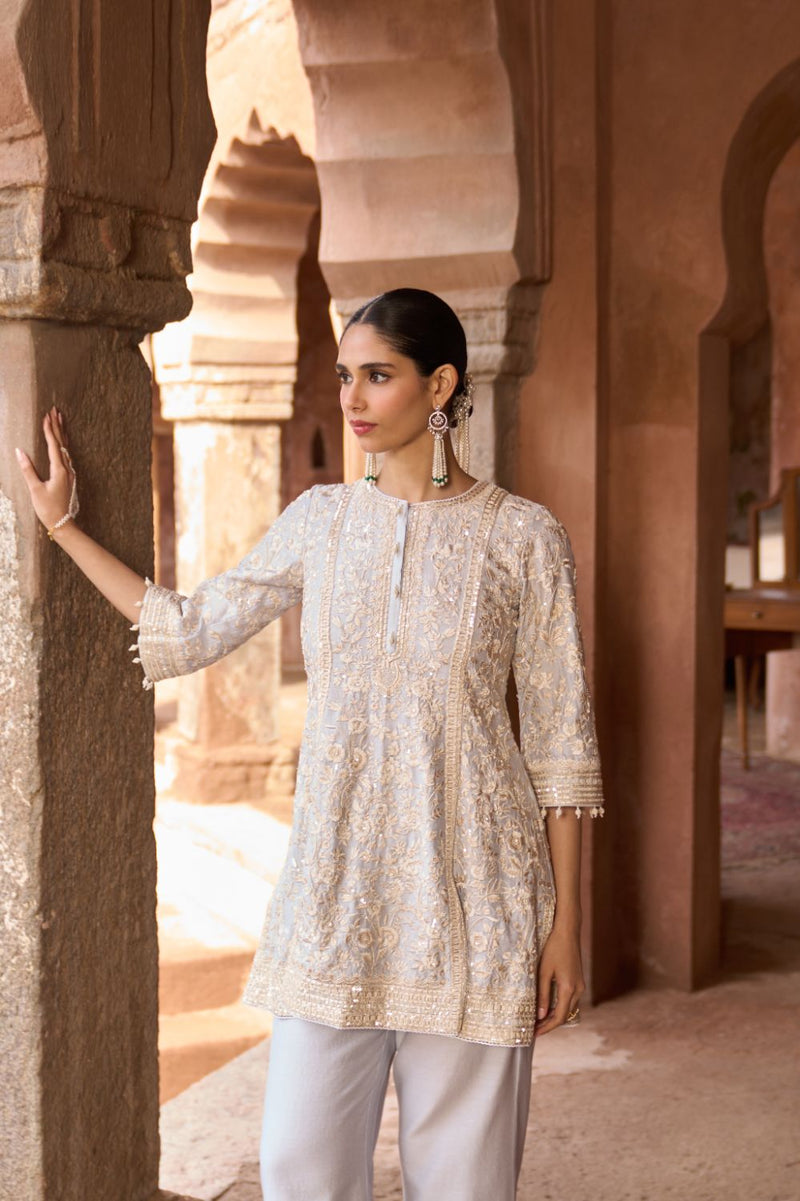 SABOOR - BLUE SHORT A-LINE KURTA WITH STRAIGHT PANTS AND DUPATTA silk organza kurta/kurta set by SHEETAL BATRA in blue for women Worldwide