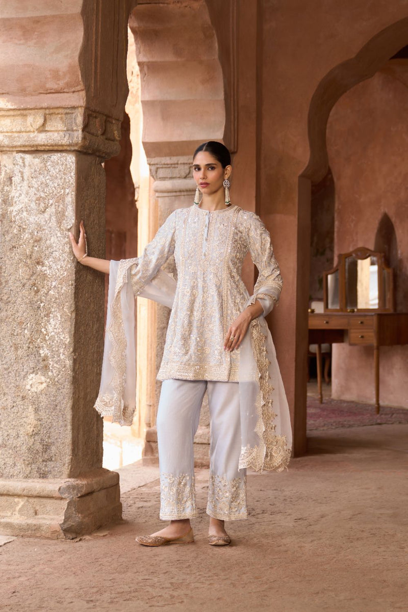 SABOOR - BLUE SHORT A-LINE KURTA WITH STRAIGHT PANTS AND DUPATTA silk organza kurta/kurta set by SHEETAL BATRA in blue for women Worldwide