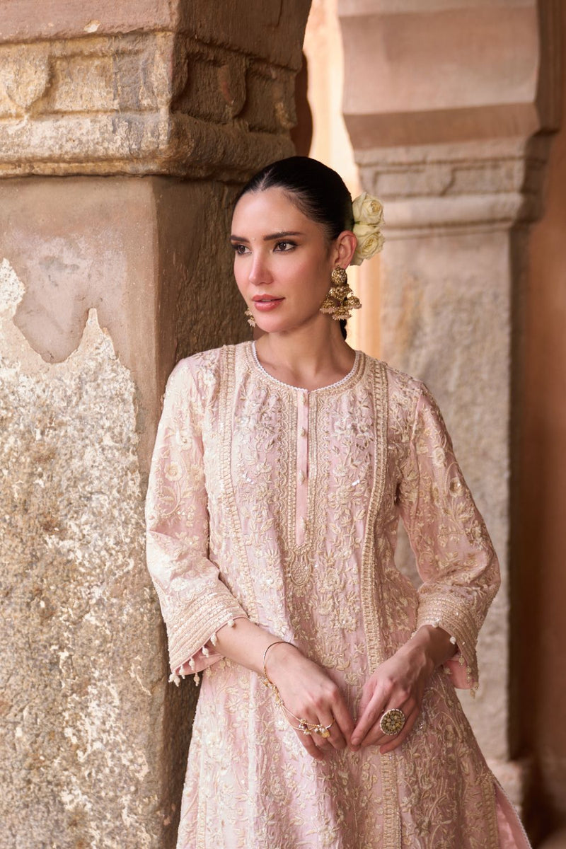 SABOOR - PINK SHORT A-LINE KURTA WITH STRAIGHT PANTS AND DUPATTA silk organza kurta/kurta set by SHEETAL BATRA in pink for women Worldwide