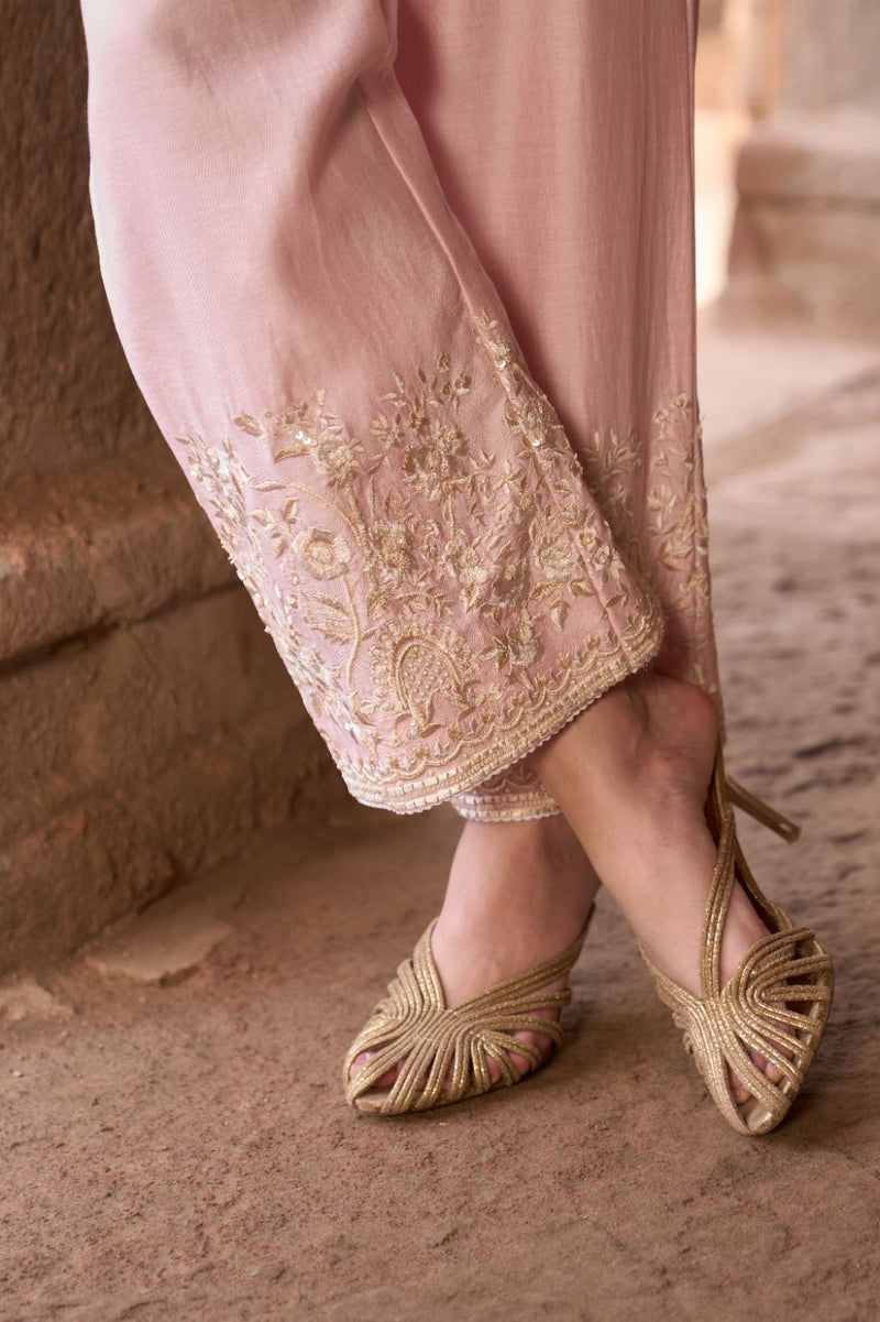SABOOR - PINK SHORT A-LINE KURTA WITH STRAIGHT PANTS AND DUPATTA silk organza kurta/kurta set by SHEETAL BATRA in pink for women Worldwide
