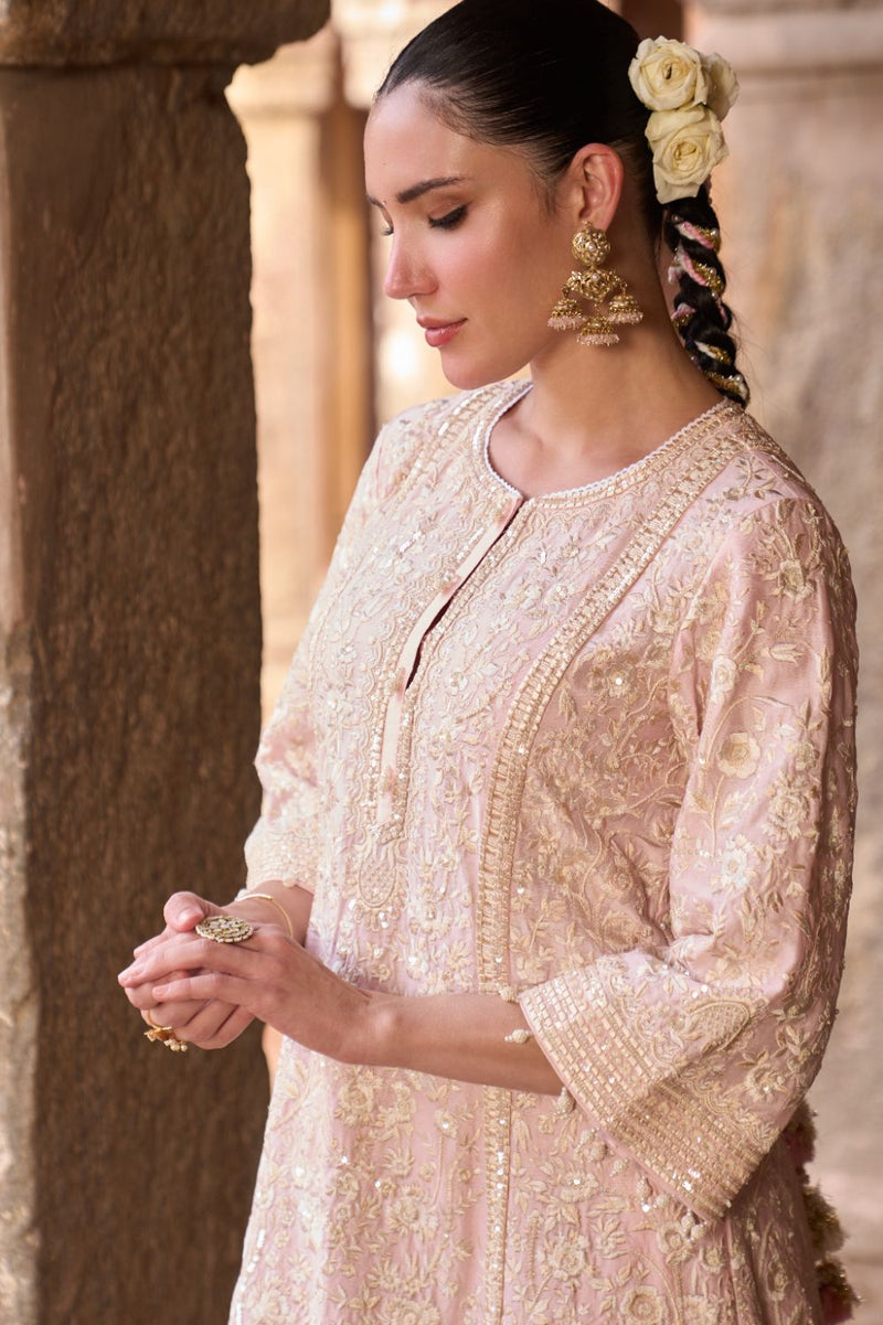 SABOOR - PINK SHORT A-LINE KURTA WITH STRAIGHT PANTS AND DUPATTA silk organza kurta/kurta set by SHEETAL BATRA in pink for women Worldwide