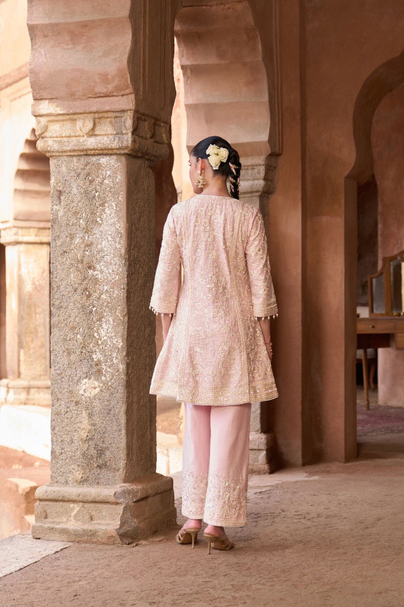 SABOOR - PINK SHORT A-LINE KURTA WITH STRAIGHT PANTS AND DUPATTA silk organza kurta/kurta set by SHEETAL BATRA in pink for women Worldwide