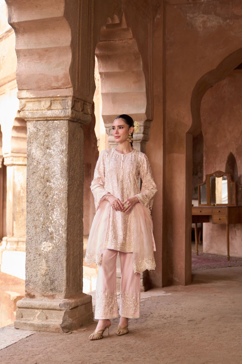 SABOOR - PINK SHORT A-LINE KURTA WITH STRAIGHT PANTS AND DUPATTA silk organza kurta/kurta set by SHEETAL BATRA in pink for women Worldwide