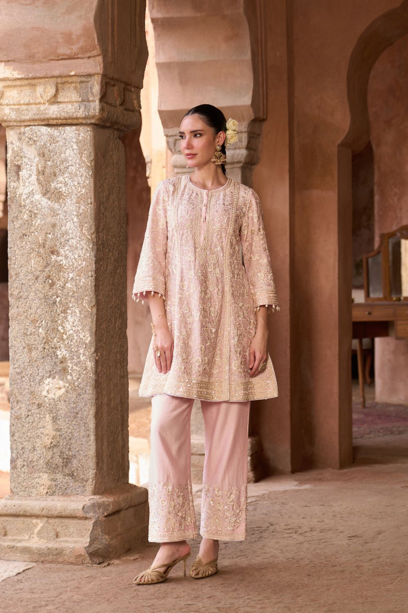 SABOOR - PINK SHORT A-LINE KURTA WITH STRAIGHT PANTS AND DUPATTA silk organza kurta/kurta set by SHEETAL BATRA in pink for women Worldwide