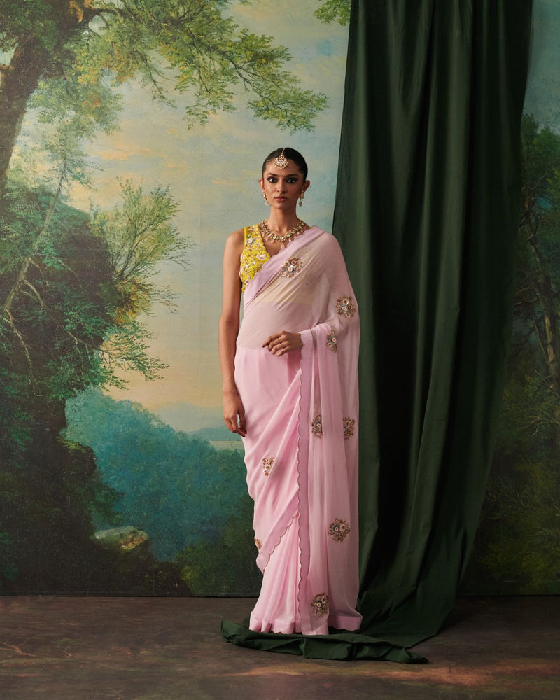 SAJNI SAREE chiffon by Rashika Mittal in pink color for women Worldwide