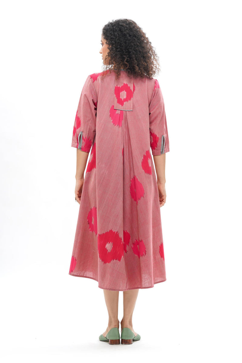 SAKURA BIAS BUTTON DRESS 100% cotton by Translate - Handwoven Ikat in pink color for women Worldwide