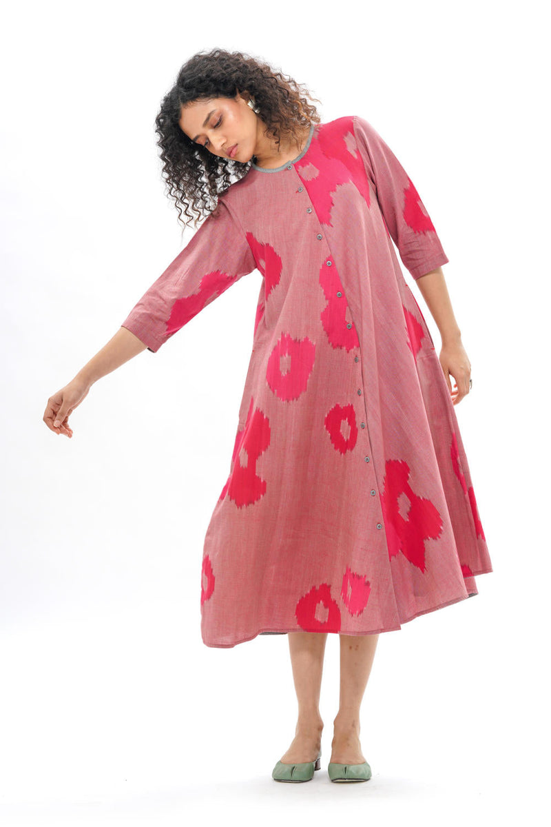 SAKURA BIAS BUTTON DRESS 100% cotton by Translate - Handwoven Ikat in pink color for women Worldwide