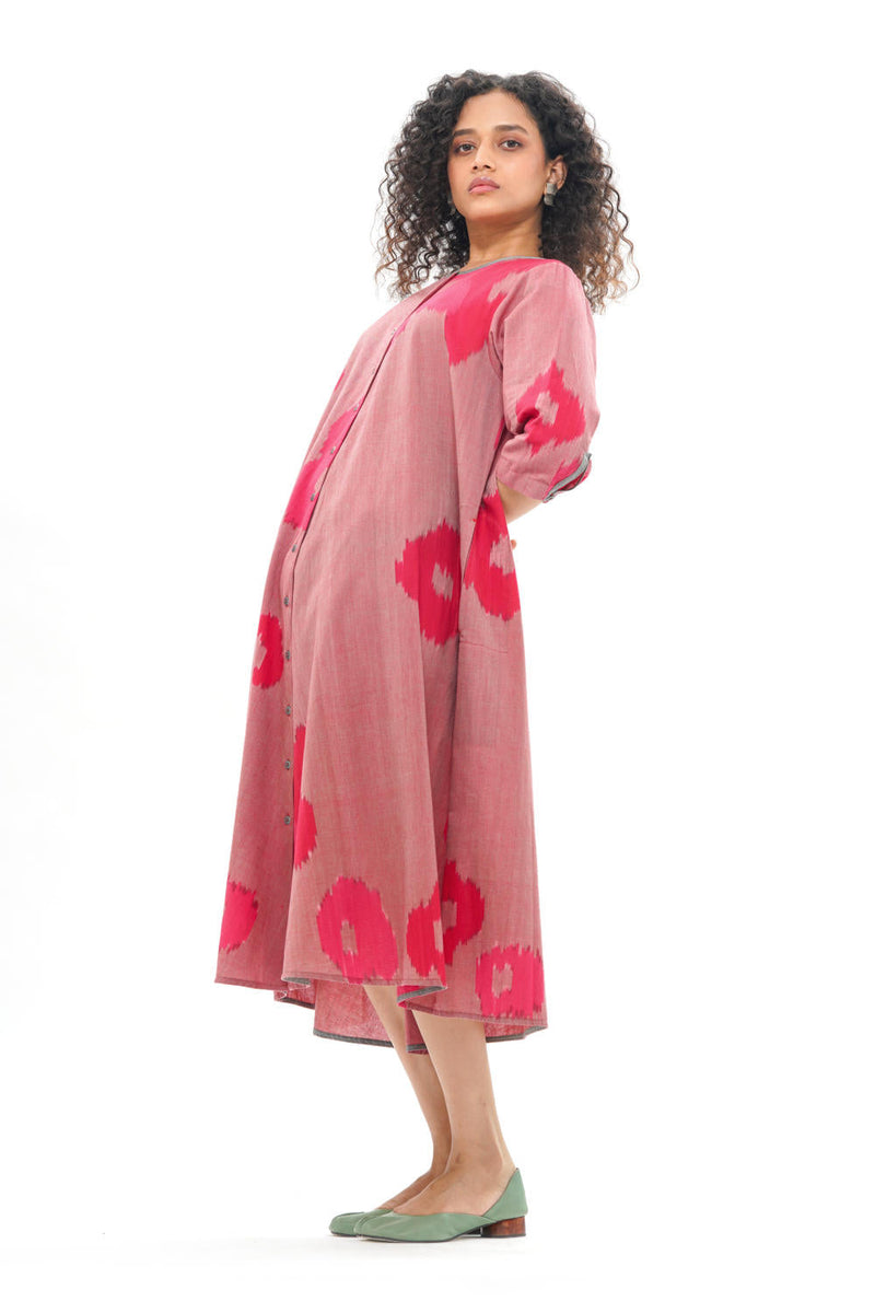 SAKURA BIAS BUTTON DRESS 100% cotton by Translate - Handwoven Ikat in pink color for women Worldwide