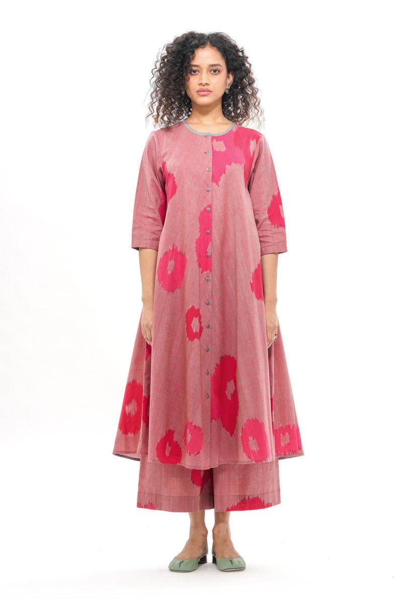 SAKURA BIAS BUTTON DRESS 100% cotton by Translate - Handwoven Ikat in pink color for women Worldwide