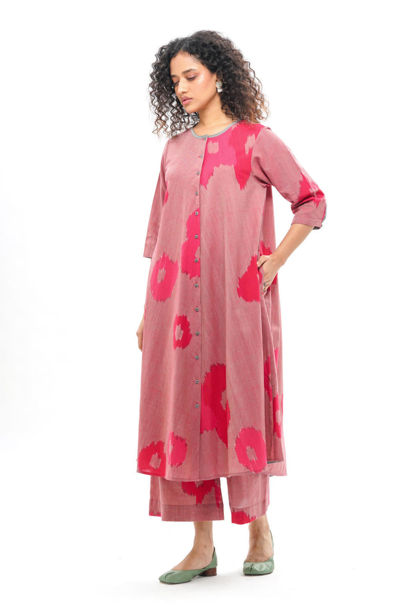 SAKURA BIAS BUTTON DRESS 100% cotton by Translate - Handwoven Ikat in pink color for women Worldwide