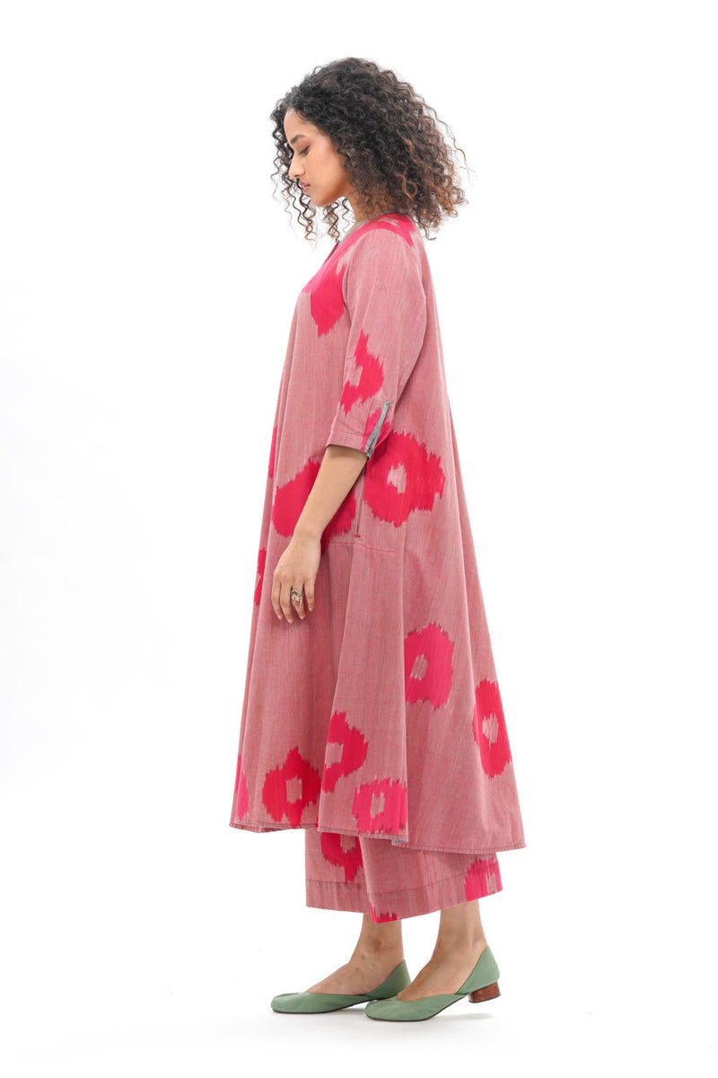 SAKURA BIAS BUTTON DRESS 100% cotton by Translate - Handwoven Ikat in pink color for women Worldwide