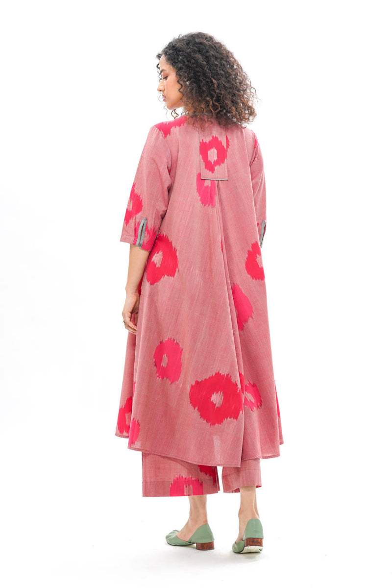 SAKURA BIAS BUTTON DRESS 100% cotton by Translate - Handwoven Ikat in pink color for women Worldwide