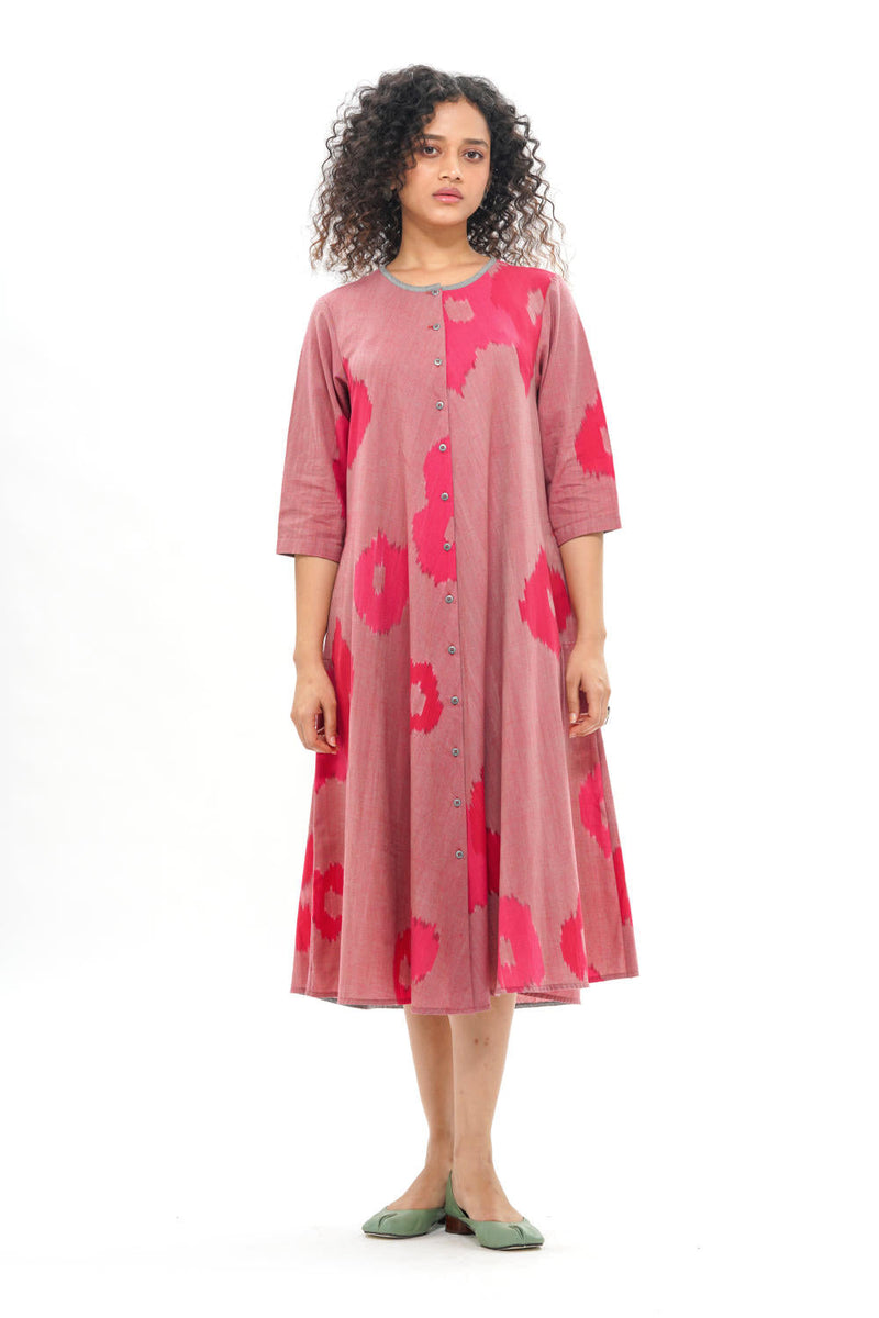 SAKURA BIAS BUTTON DRESS 100% cotton by Translate - Handwoven Ikat in pink color for women Worldwide