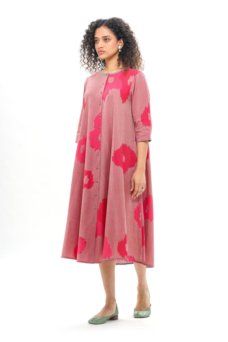 SAKURA BIAS BUTTON DRESS 100% cotton by Translate - Handwoven Ikat in pink color for women Worldwide