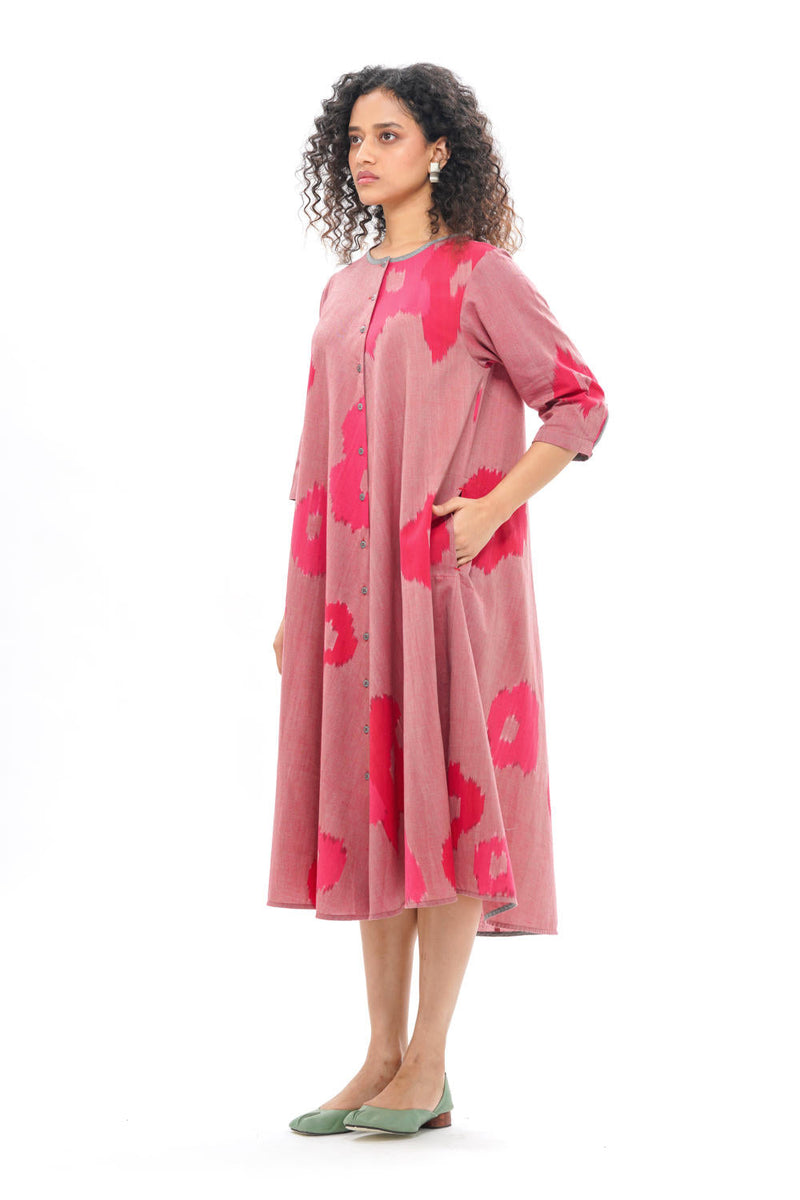 SAKURA BIAS BUTTON DRESS 100% cotton by Translate - Handwoven Ikat in pink color for women Worldwide