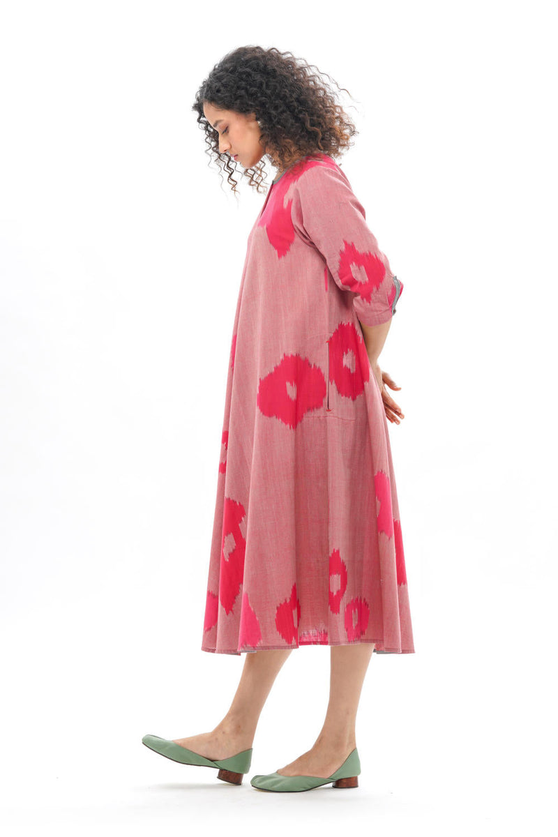 SAKURA BIAS BUTTON DRESS 100% cotton by Translate - Handwoven Ikat in pink color for women Worldwide