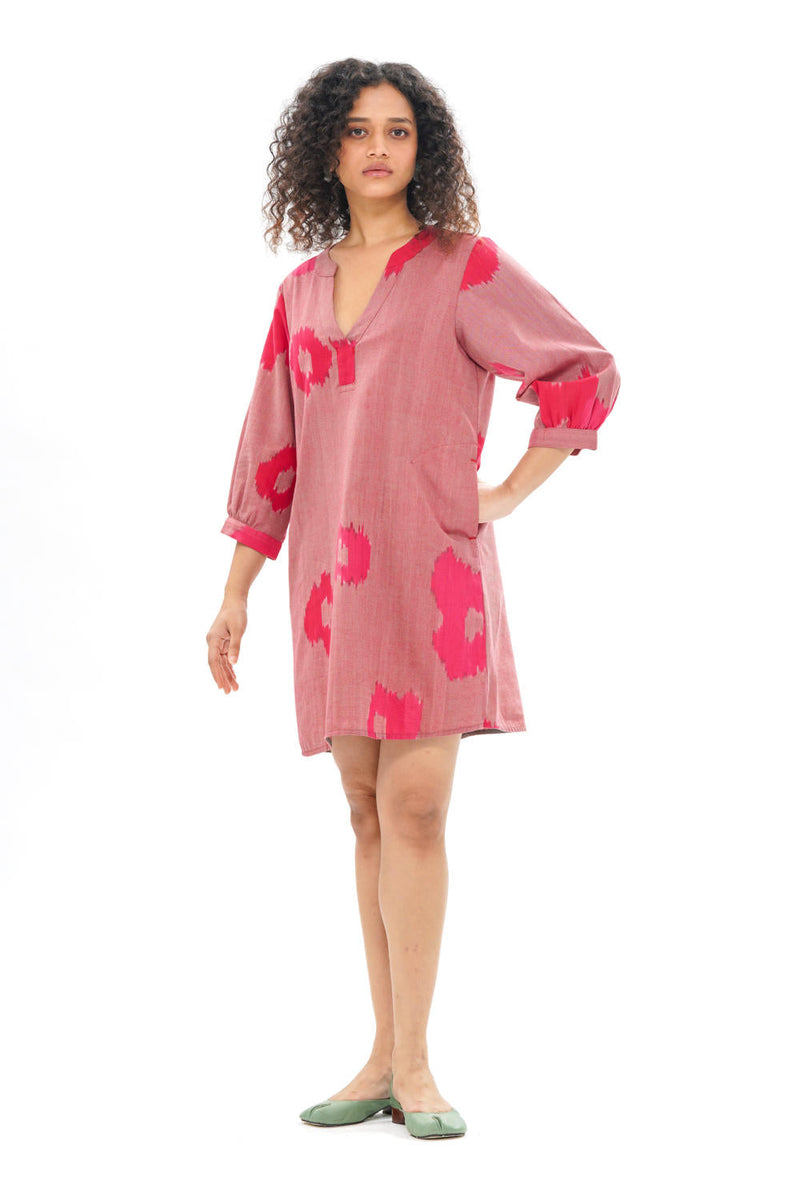 SAKURA SHIFT DRESS 100% cotton by Translate - Handwoven Ikat in pink color for women Worldwide