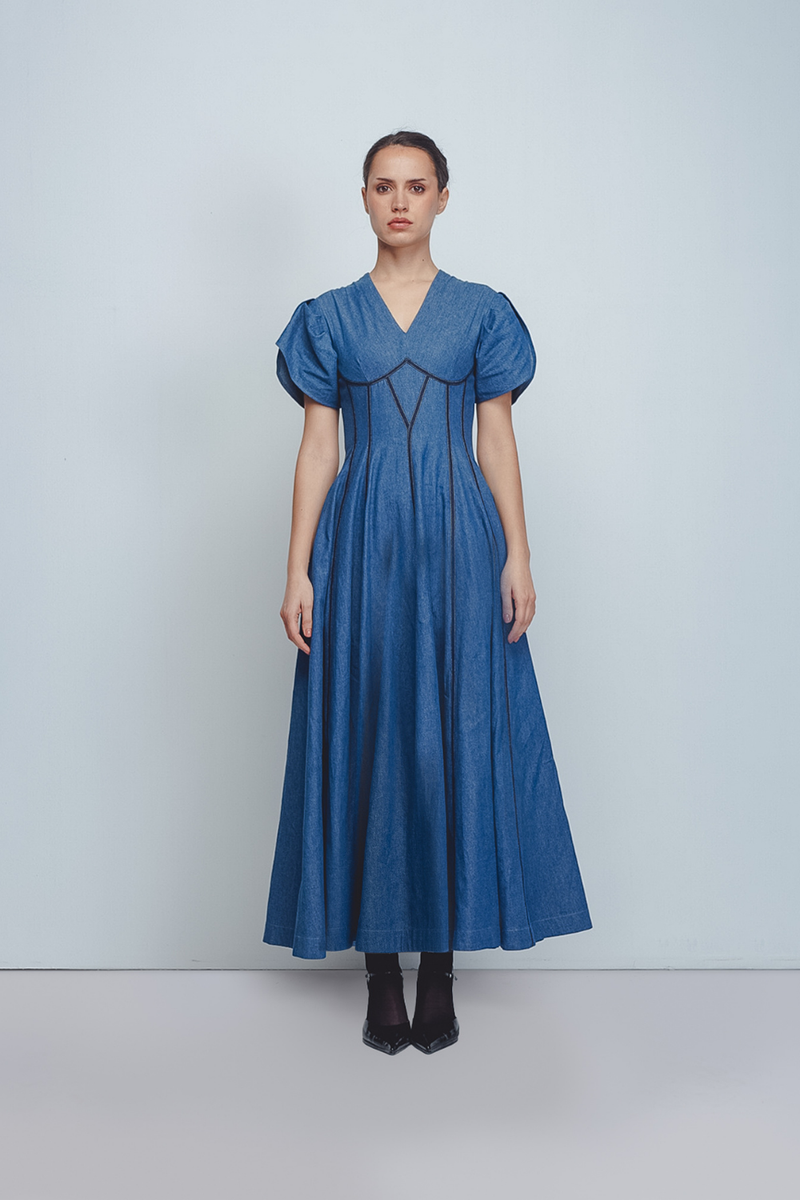 Sana Dress - Denim Blue cotton by Leh Studios in blue color for women Worldwide