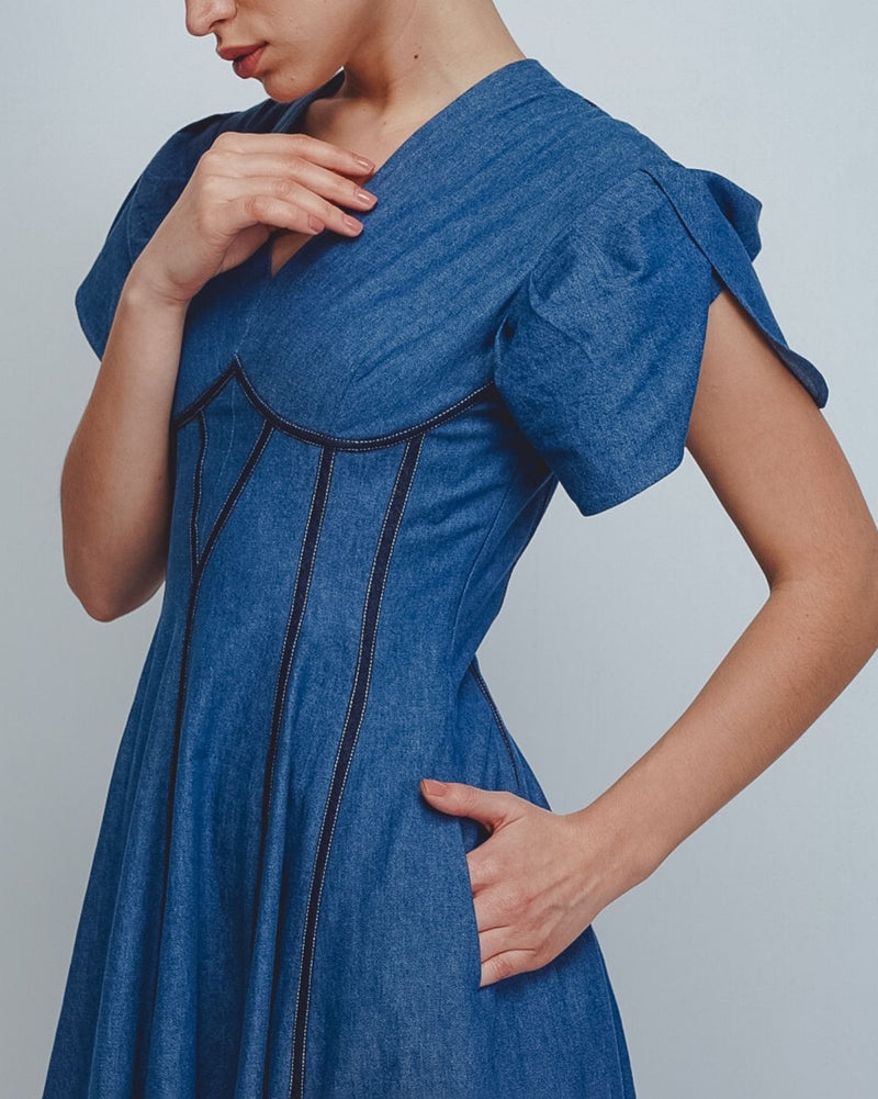 Sana Dress - Denim Blue cotton by Leh Studios in blue color for women Worldwide