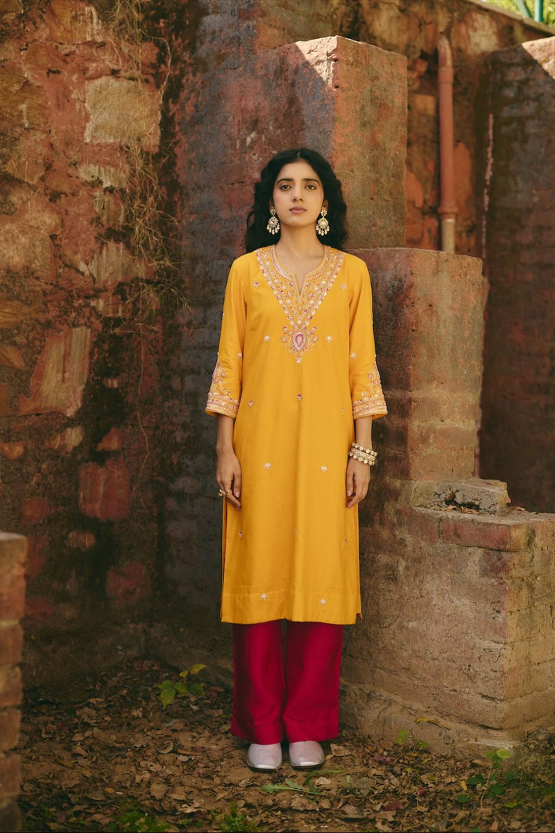 SANA & RIA KURTA & PANT satin by Rashika Mittal in yellow color for women Worldwide