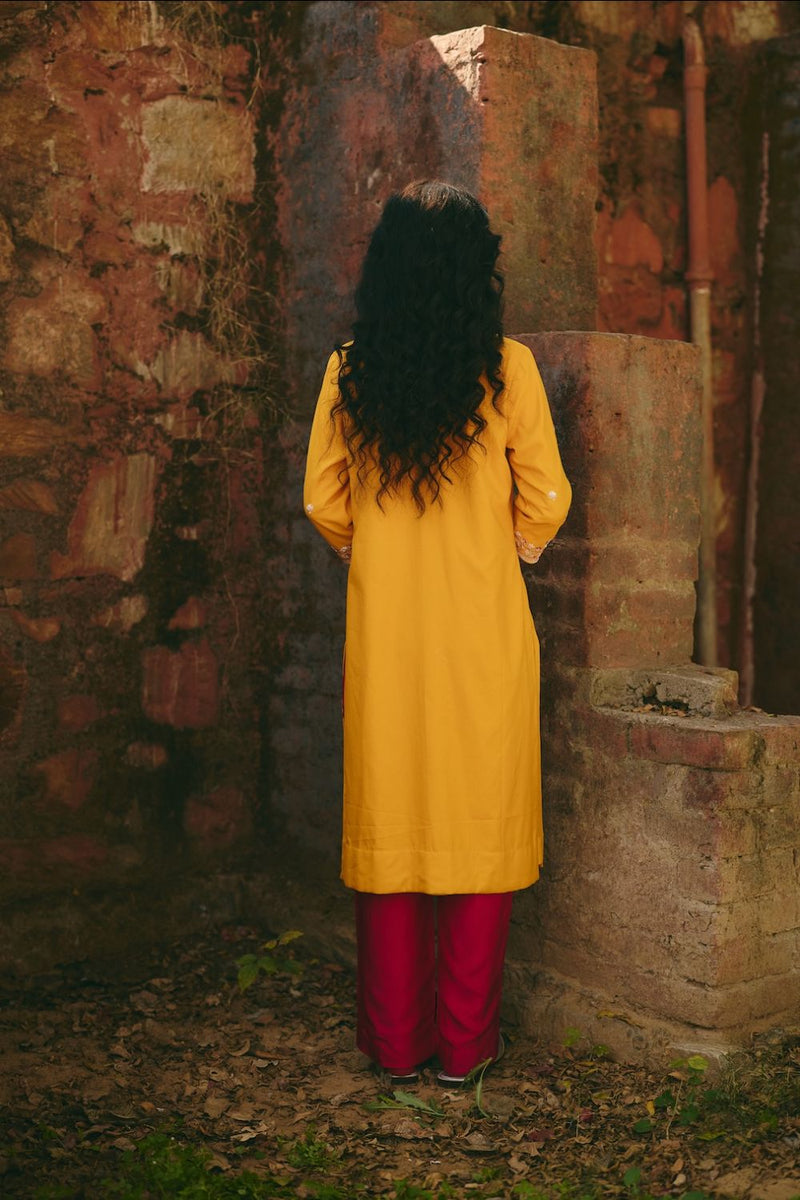 SANA & RIA KURTA & PANT satin by Rashika Mittal in yellow color for women Worldwide