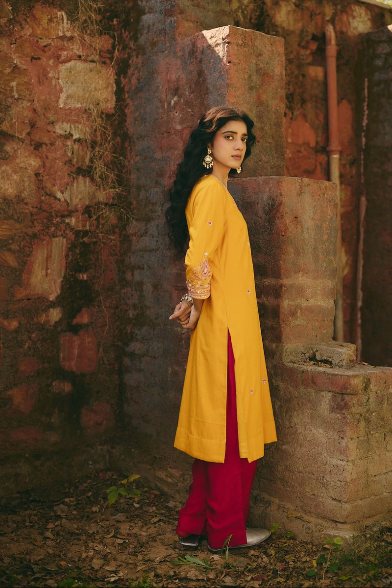 SANA & RIA KURTA & PANT satin by Rashika Mittal in yellow color for women Worldwide