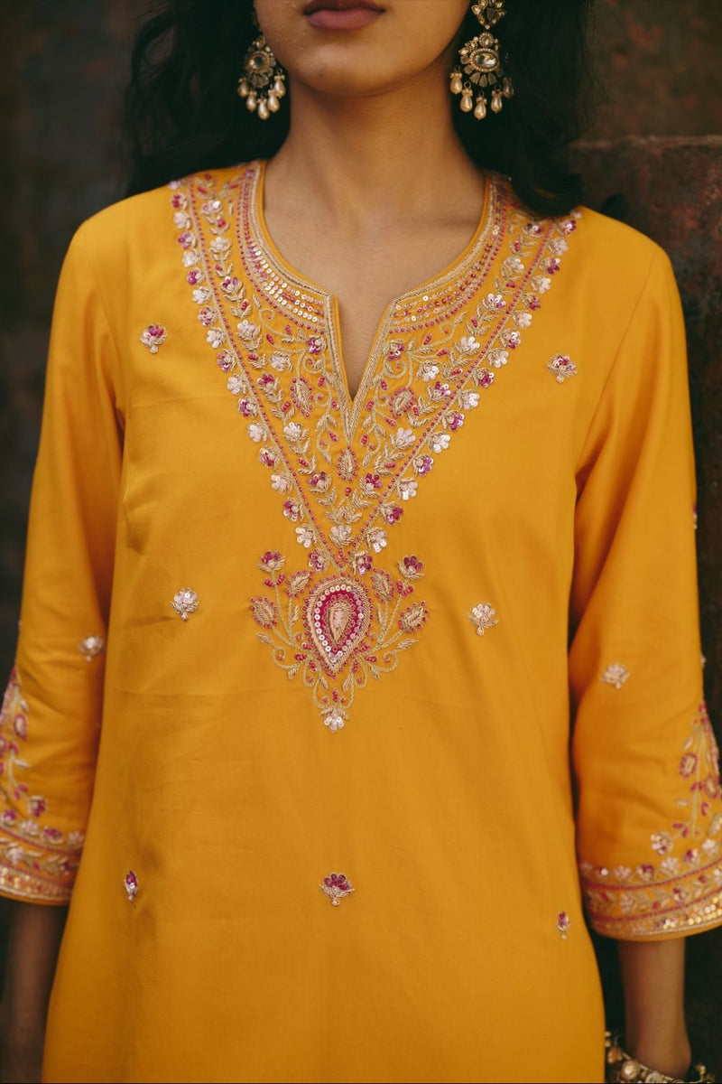 SANA & RIA KURTA & PANT satin by Rashika Mittal in yellow color for women Worldwide
