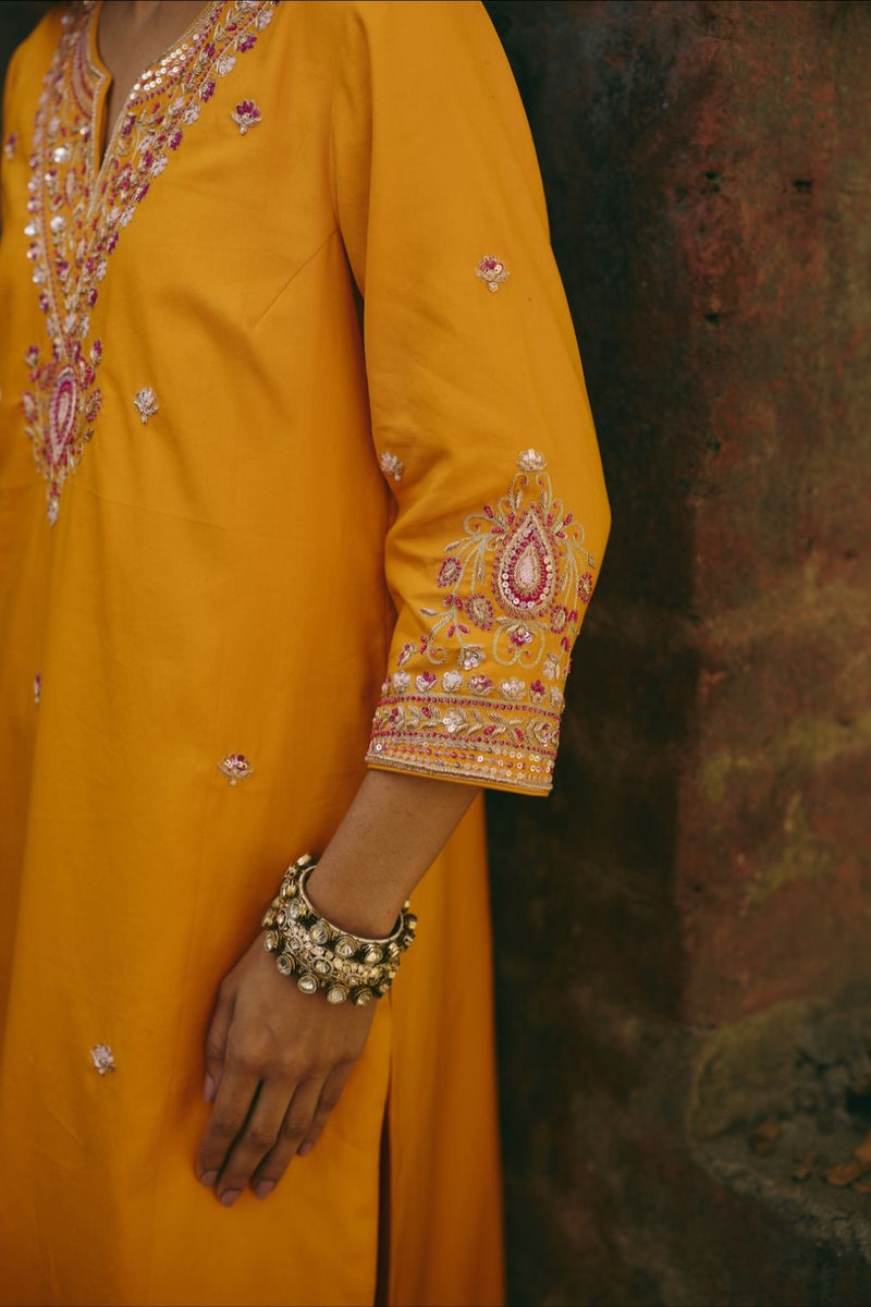 SANA & RIA KURTA & PANT satin by Rashika Mittal in yellow color for women Worldwide