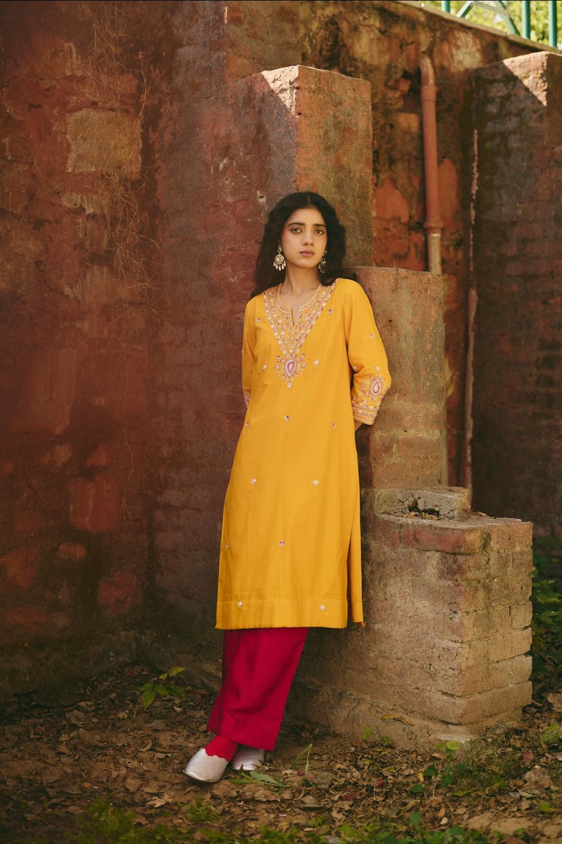 SANA & RIA KURTA & PANT satin by Rashika Mittal in yellow color for women Worldwide