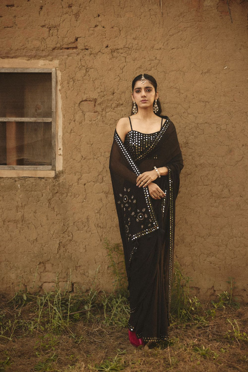 SARMAYA SAREE chiffon by Rashika Mittal in black color for women Worldwide