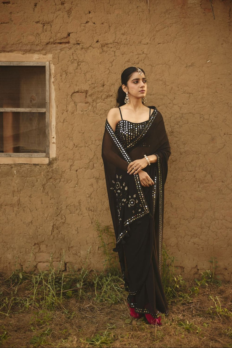 SARMAYA SAREE chiffon by Rashika Mittal in black color for women Worldwide