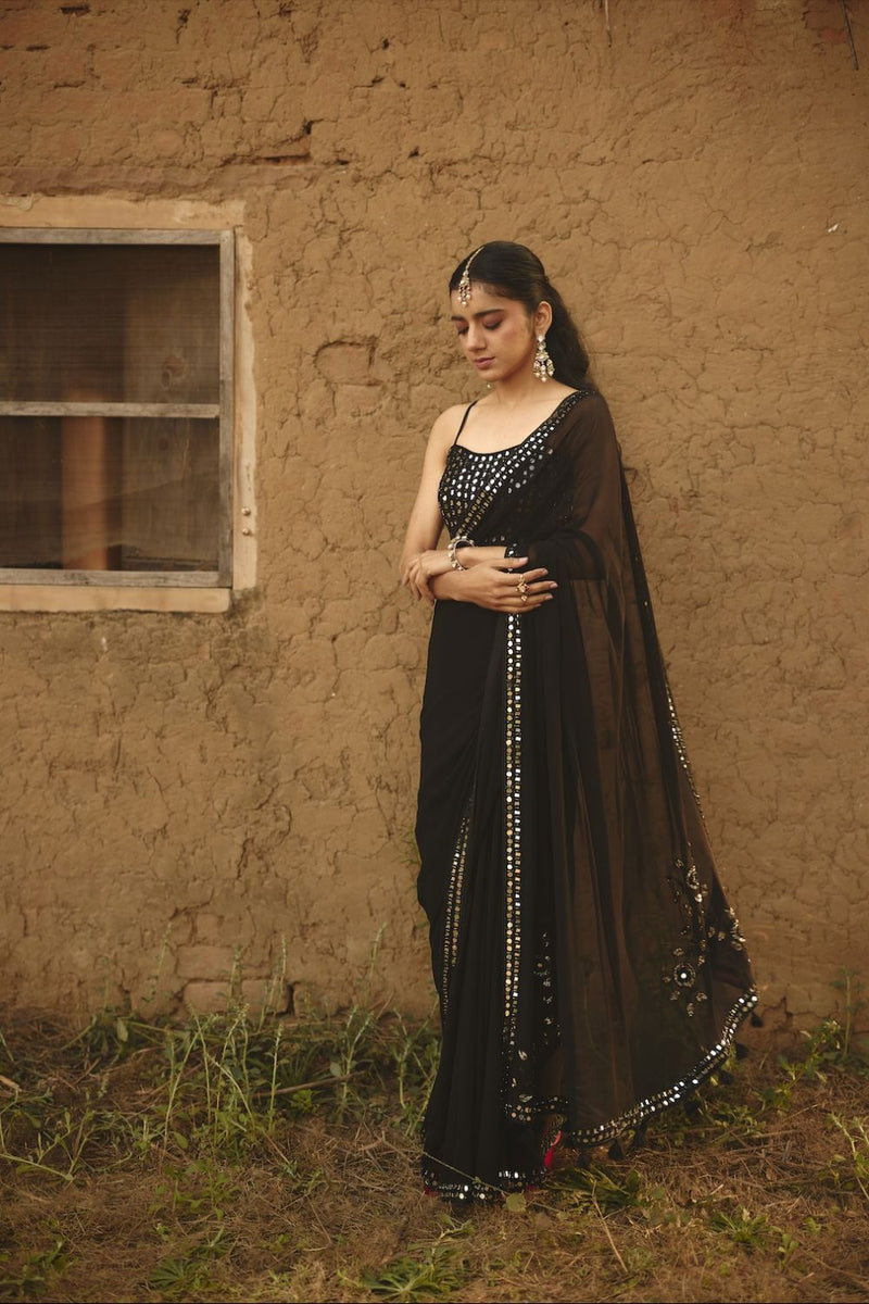 SARMAYA SAREE chiffon by Rashika Mittal in black color for women Worldwide