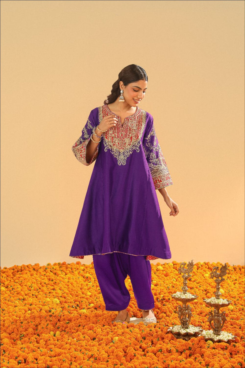 Mohsina Chauga with Salwar-Purple silk by SHEETAL BATRA in purple color for women Worldwide