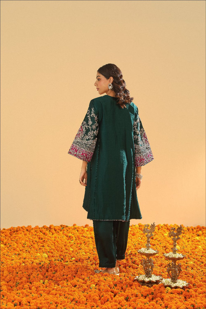 Mohsina Chauga with Salwar-Emerald green silk by SHEETAL BATRA for women Worldwide
